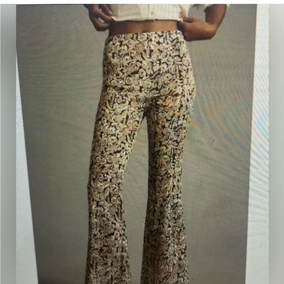 Anthropologie Pants - Anthropologie Satin Flare Leg Paisley Print Pants Tan Beige High Rise Sz 10